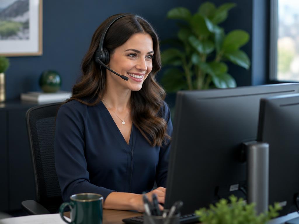 A live receptionist answering a call on a headset